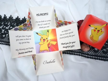 Invitatii botez cu Pokemon sub forma de cutie pentru bomboane