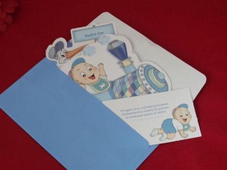 Invitatii botez model trenulet model bleu 12 cm x 16 cm