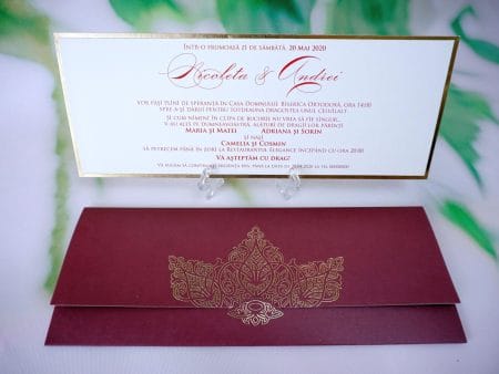 Invitatii nunta visinie model striatii margini aurii plic auriu sigiliu ceara 26.8 x 10.5 cm