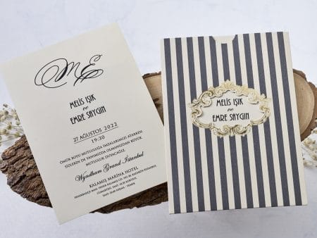 Invitatii nunta clasice cu dungi aurii 14 x 20.3 cm