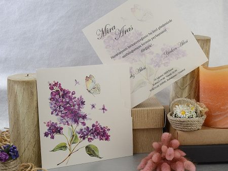 Invitatii nunta model floral lila si fluturas 16 x 16 cm