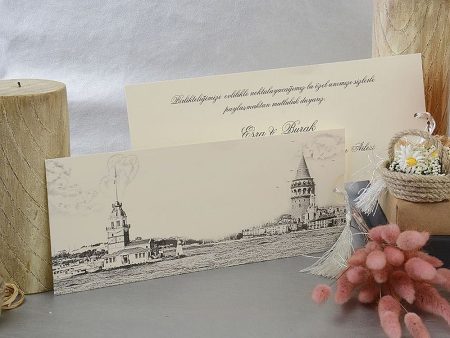 Invitatii nunta crem model peisaj creionat 10 x 24 cm