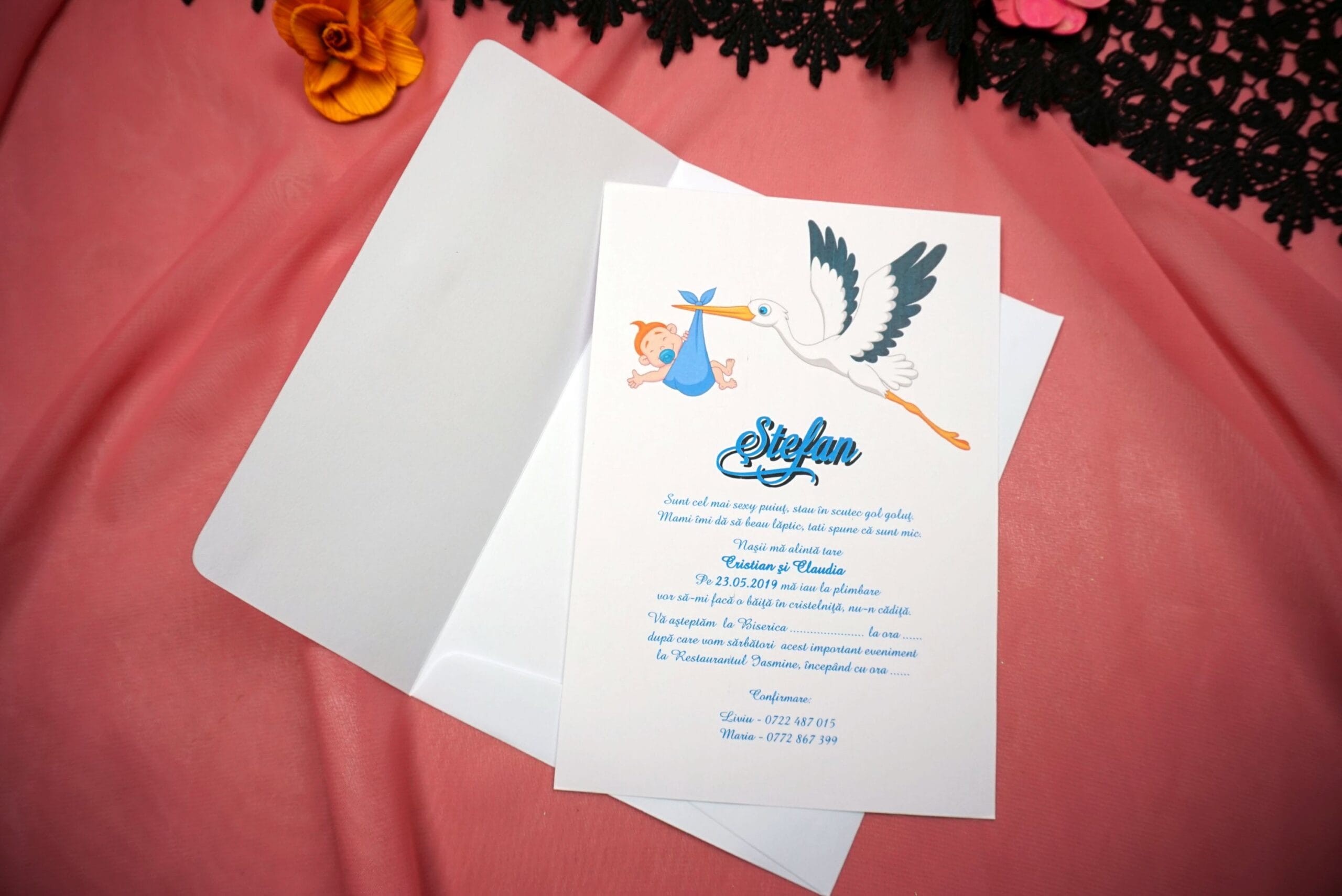 Invitatii botez cu barza care duce un bebelus 13.5 x 20 cm Invitatii botez cu barza care duce un bebelus 13.5 x 20 cm