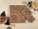 Invitatii nunta albastru ivoire cu inimioare snurulet si fundita 17 x 19.5 cm