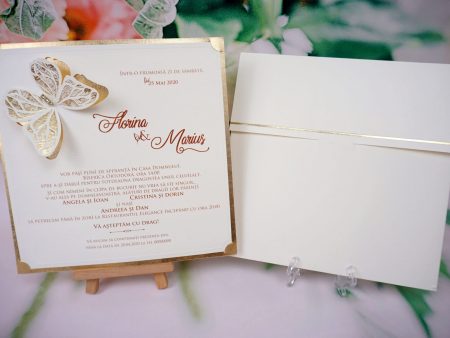 Invitatii nunta aurii fluturas pietricele plic sigiliu ceara 19.7 x 19.8 cm