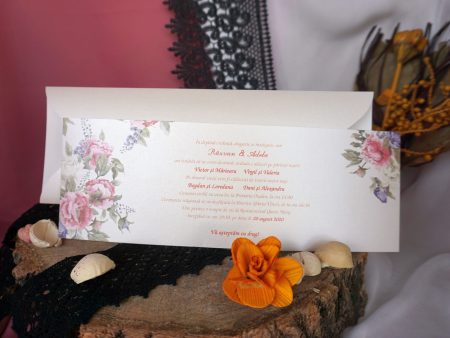Invitatii nunta model trandafiri roz lila 9.5 x 27 cm