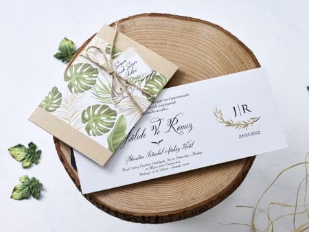 Invitatii nunta de lux albe flori verzi 11 x 24 cm