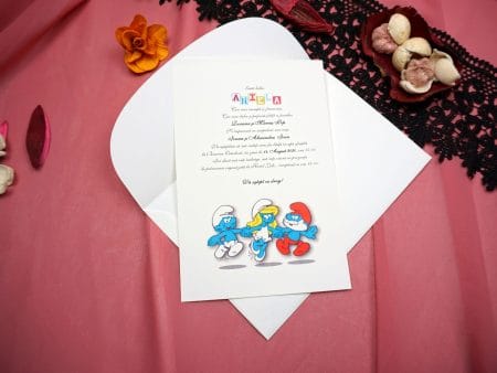 Invitatii botez cu strumfi 13.5 x 20 cm