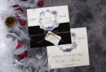 Invitatii nunta alb negre model floral lila 16.5 x 15.6 cm