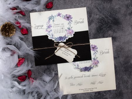 Invitatii nunta alb negre model floral lila 16.5 x 15.6 cm