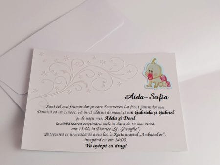 Invitatii botez model floral in relief 14 x 10.5 cm
