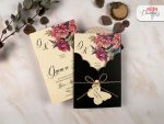 Invitatii nunta crem negre flori roz si fluturas 13.5 x 20.7 cm