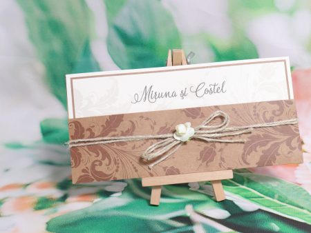 Invitatii nunta plic model floral maro 11 x 23.5 cm