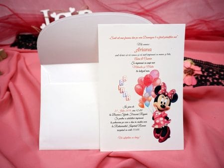 Invitatii botez  cu minnie si baloane colorate 13.5 x 20 cm