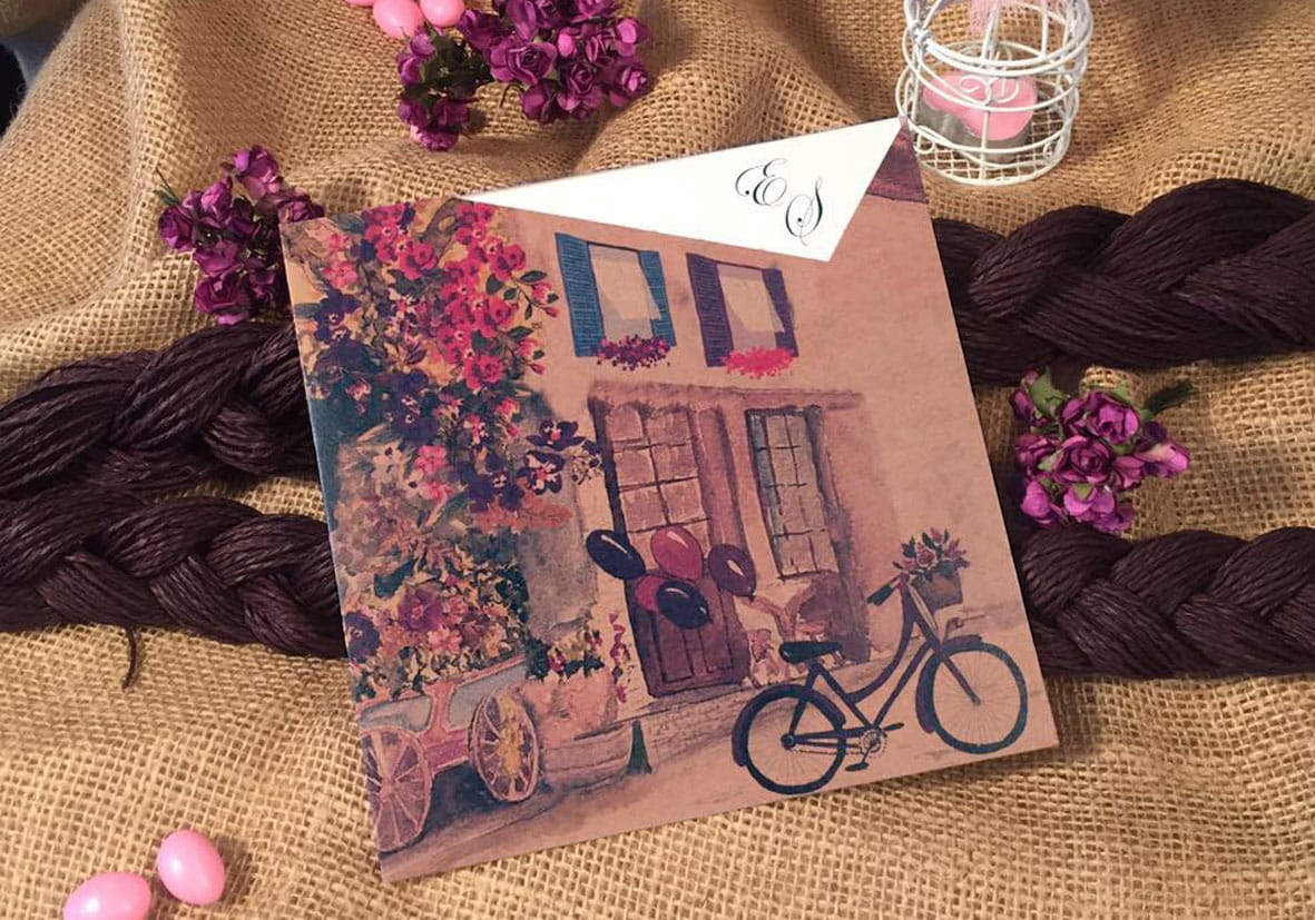 Invitatii nunta model cu flori baloane cladiri si bicicleta 16.6 x 16.6 cm Invitatii nunta model cu flori baloane cladiri si bicicleta 16.6 x 16.6 cm