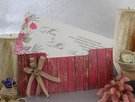 Invitatii nunta din carton mat decorate cu flori si carton exterior lucios fundita 25 x 10.5 cm