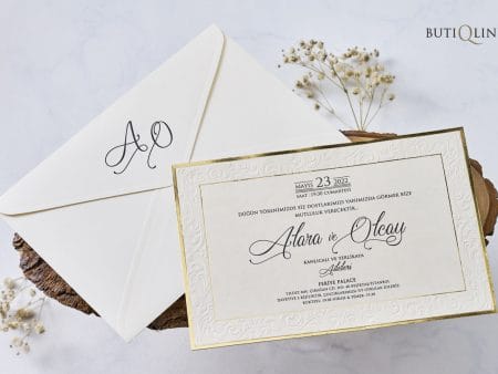 Invitatii nunta albe cu chenar auriu 21.5 x 14.5 cm