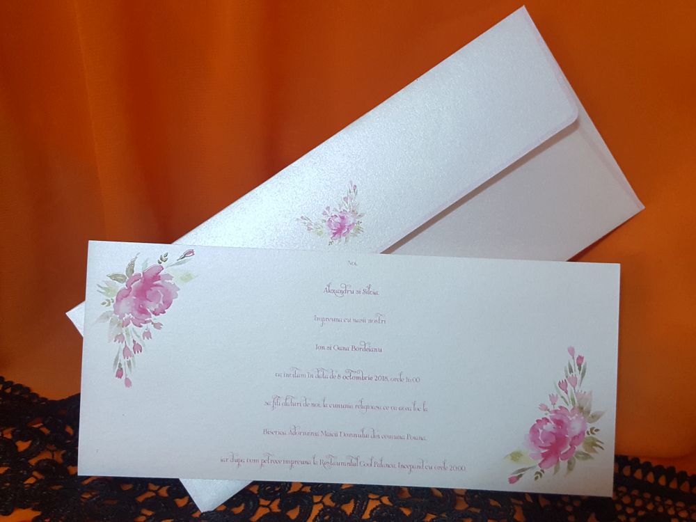 Invitatii nunta lucioase trandafiri roz 10.5 x 24 cm Invitatii nunta lucioase trandafiri roz 10.5 x 24 cm