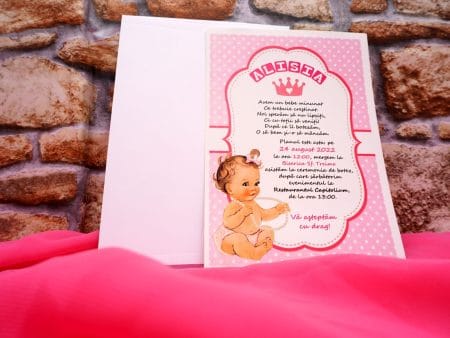Invitatii botez roz cu buline