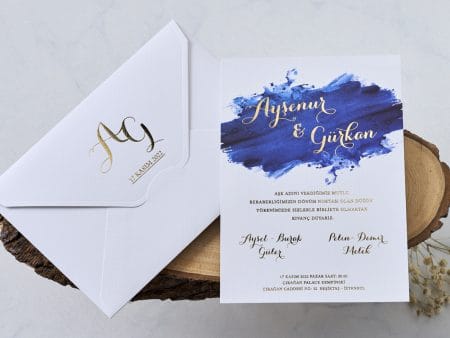 Invitatii nunta cu text auriu pe fond albastru 14 x 20 cm