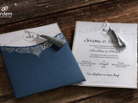 Invitatii nunta lux nuanta albastru si argintiu