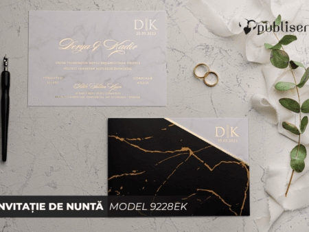 Invitatii nunta eleganta neagra cu detalii aurii