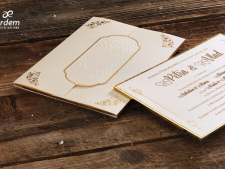 Invitatii nunta lux din carton gros nuanta auriu si ivorie