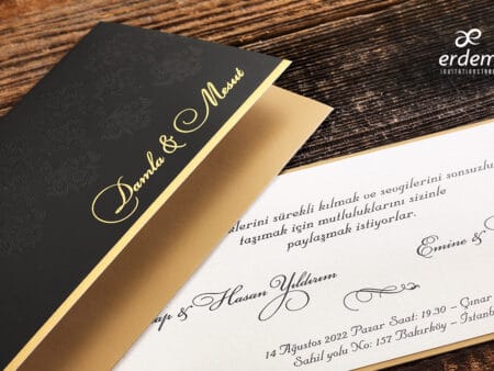 Invitatii nunta lux embosata nunata negru cu auriu