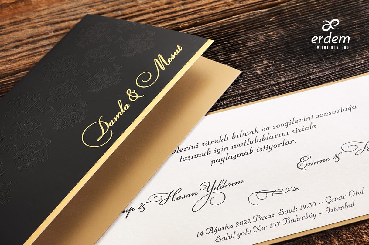 Invitatii nunta lux embosata nunata negru cu auriu Invitatii nunta lux embosata nunata negru cu auriu