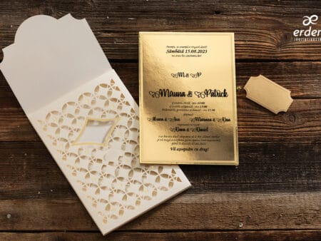 Invitatii nunta lux din carton auriu gros si plic crem