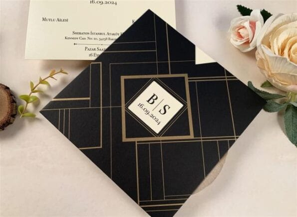 Invitatii Nunta 2026 Tendinte, Modele noi si Sfaturi de design Invitatii nunta de lux crem negre cu model auriu