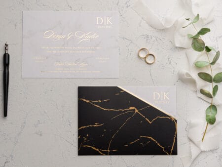 Invitatii nunta eleganta neagra cu detalii aurii