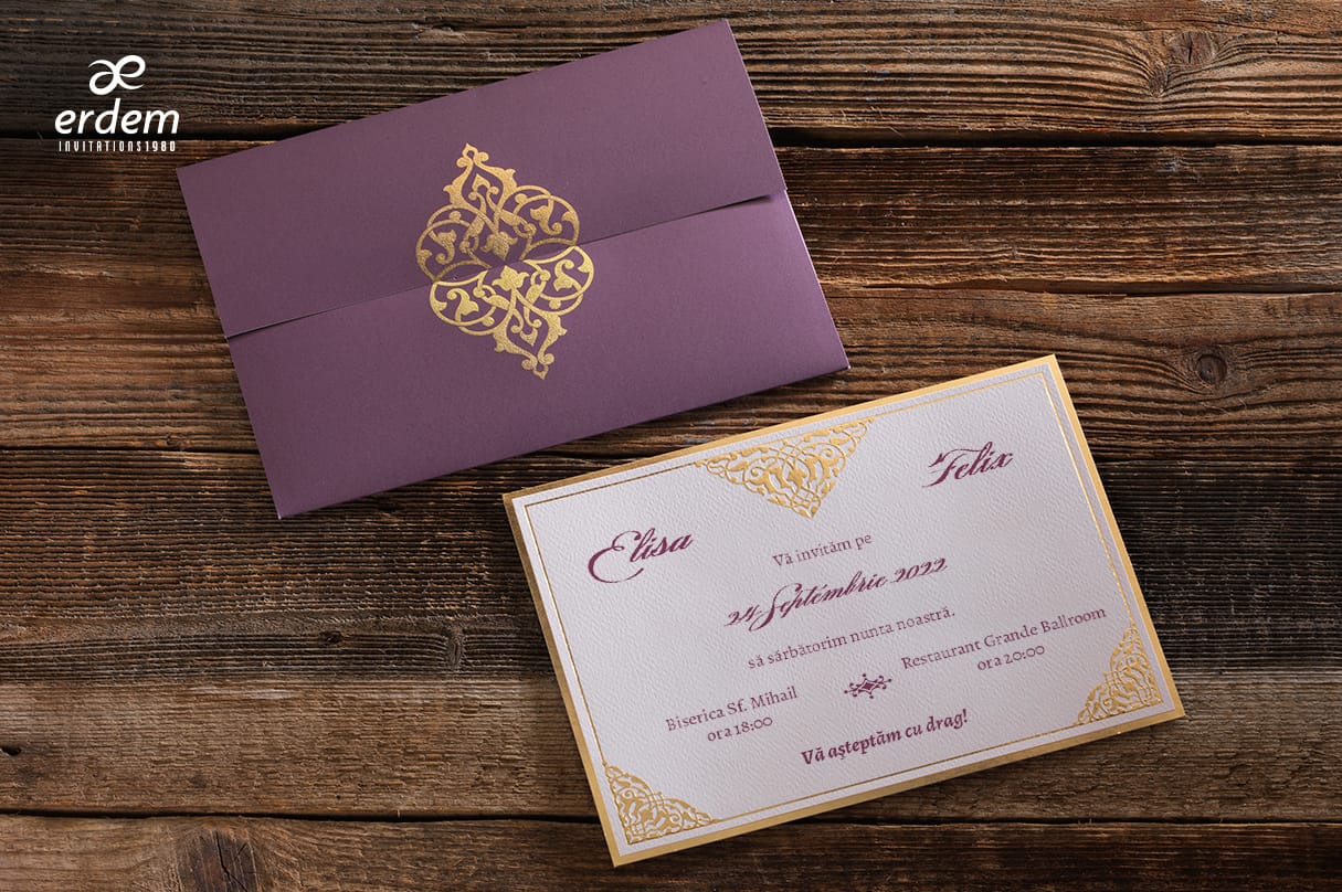 Invitatii nunta eleganta nuanta visiniu cu auriu Invitatii nunta eleganta nuanta visiniu cu auriu