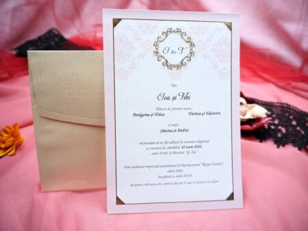 Invitatii nunta elegante albe cu chenar auriu