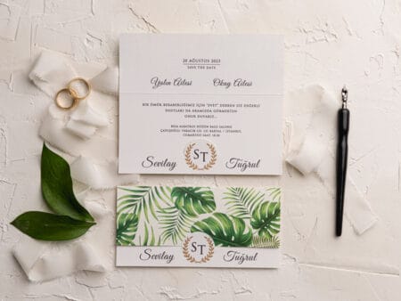 Invitatii nunta eleganta cu frunze printate pe carton alb