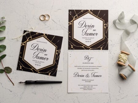 Invitatii nunta nunata negru cu auriu eleganta