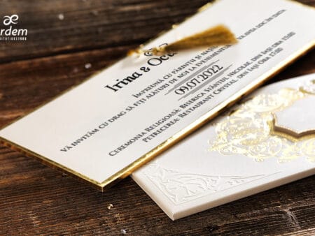 Invitatii nunta lux cu canaf auriu din carton gros crem
