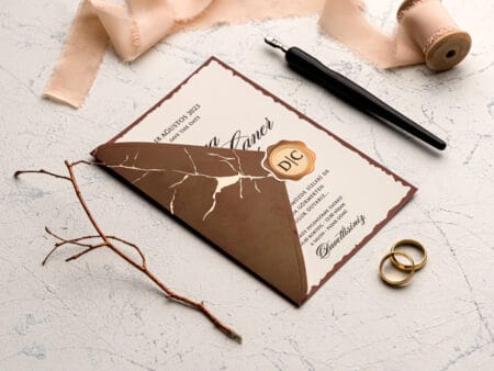 Invitatii nunta maro printata pe carton decupat nuanta crem