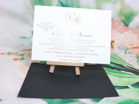 Invitatii nunta eleganta cu plic negru si detalii aurii