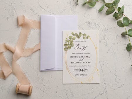 Invitatii nunta eleganta cu frunze de eucalipt