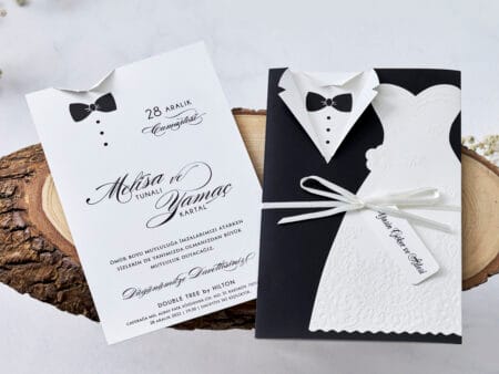 Invitatii nunta clasica cu mire si mireasa nuanta alb si negru