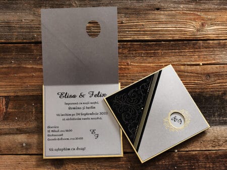 Invitatii nunta lux din carton gros nuanta negru si gri cu auriu