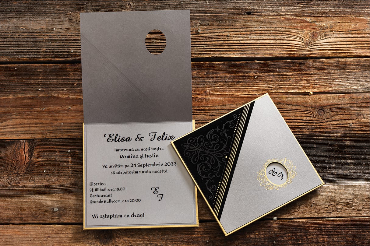 Invitatii nunta lux din carton gros nuanta negru si gri cu auriu Invitatii nunta lux din carton gros nuanta negru si gri cu auriu