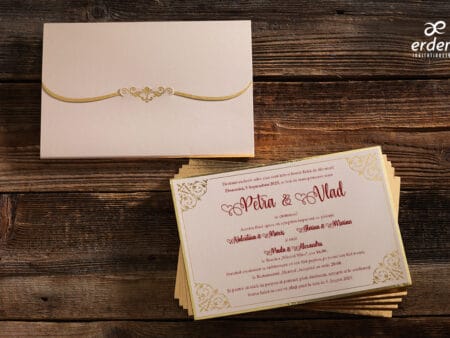 Invitatii nunta eleganta cu auriu din carton gros ivorie