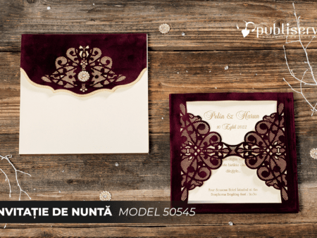 Invitatii nunta lux din catifea nuanta visiniu si crem cu bijuterie