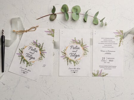 Invitatii nunta cu flori si eucalipt printare inclusa