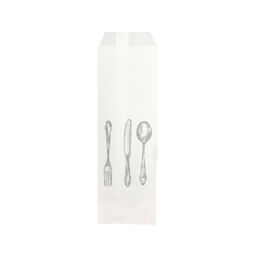Punga tacam alba "TRIS WHITE" - 8 x 25cm - 2000 buc Caracteristici:Hartie kraft alb 35gr/mpDesign atractivPrezentaremoderna a tacamurilorPotrivita pentru take away si servireIdeal pentru fast-food