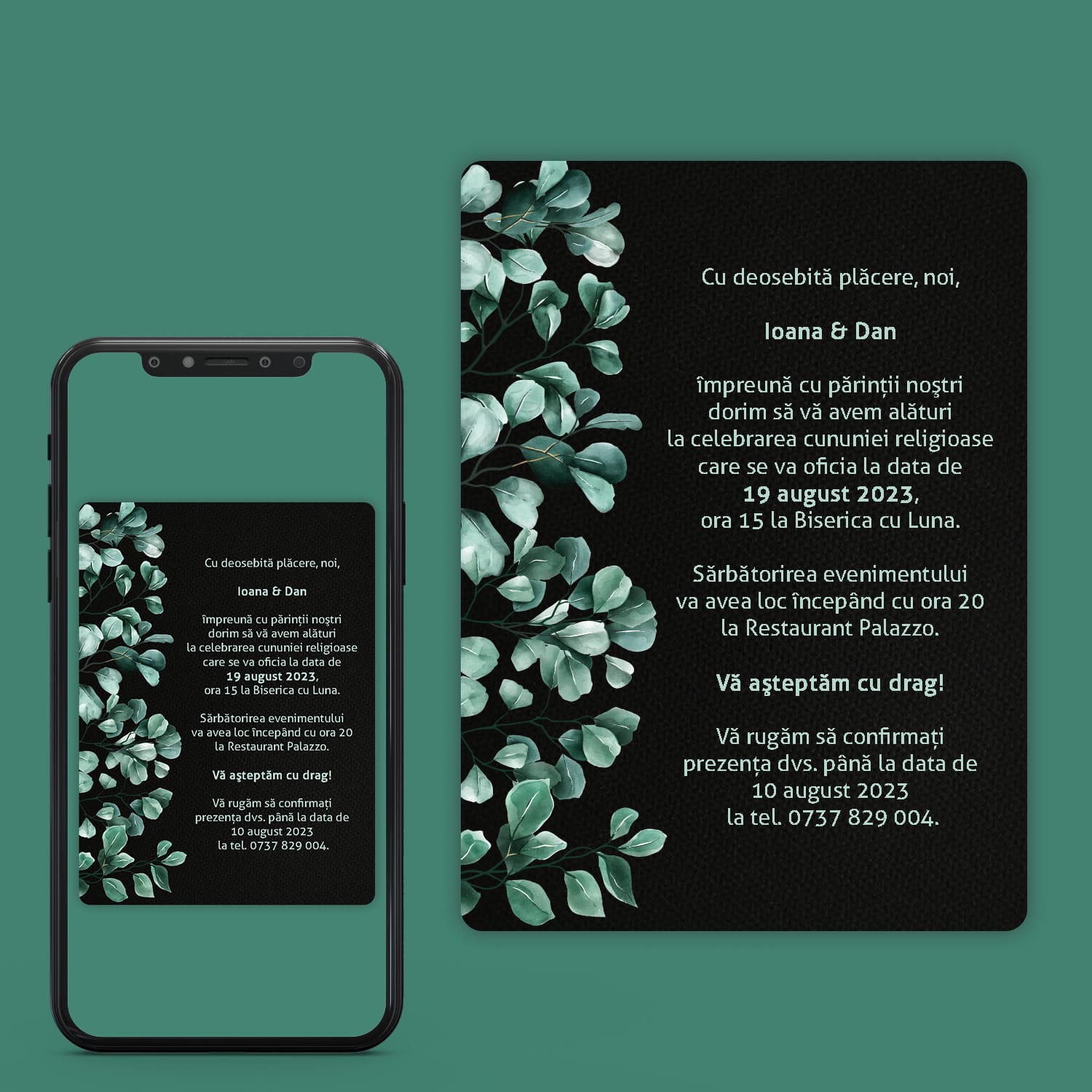 Invitatie digitala nunta cu frunze Invitatie digitala nunta cu frunze