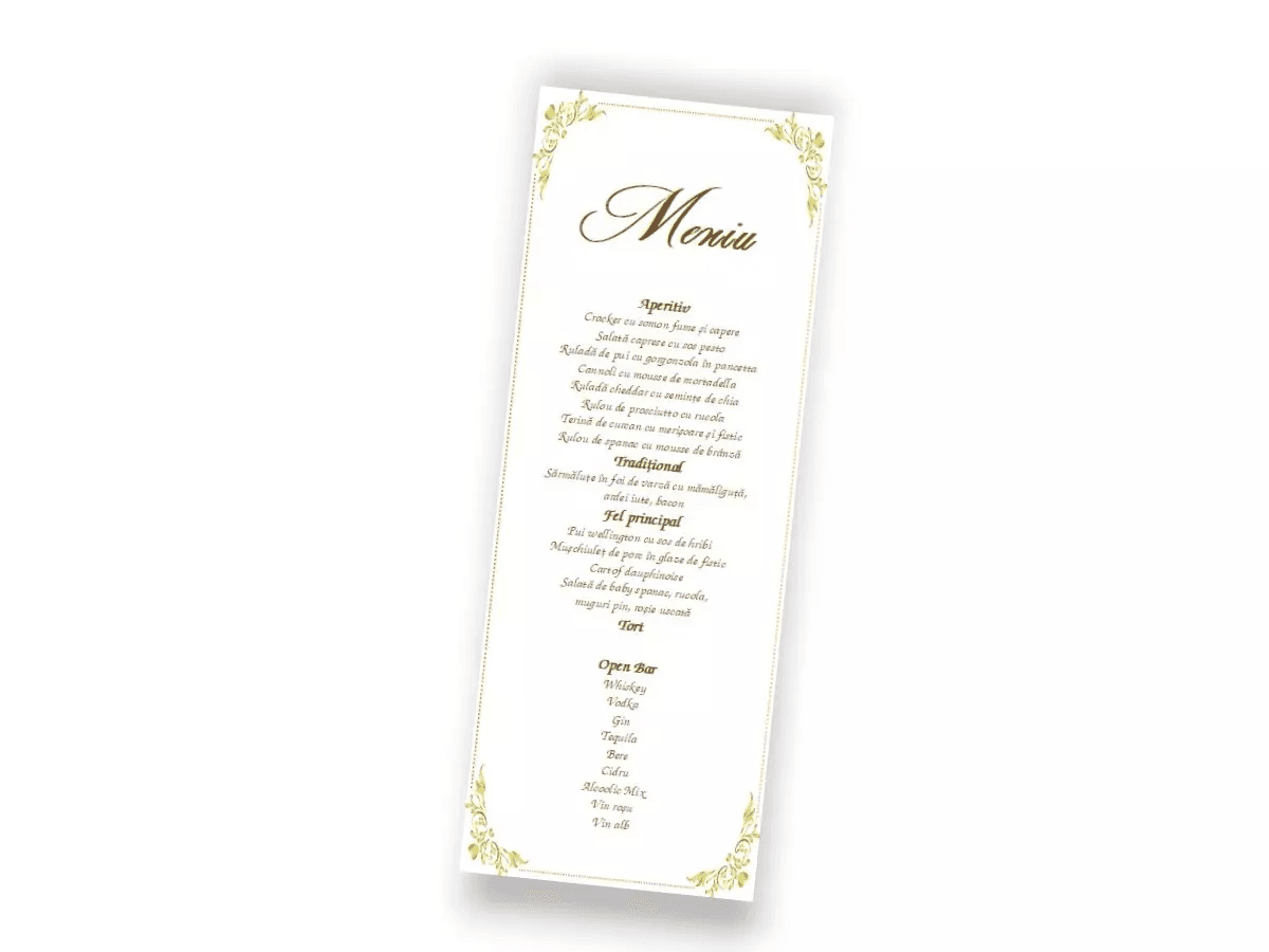 Meniu nunta elegant 7.5 × 20cm auriu Meniu nunta elegant 7.5 × 20cm auriu
