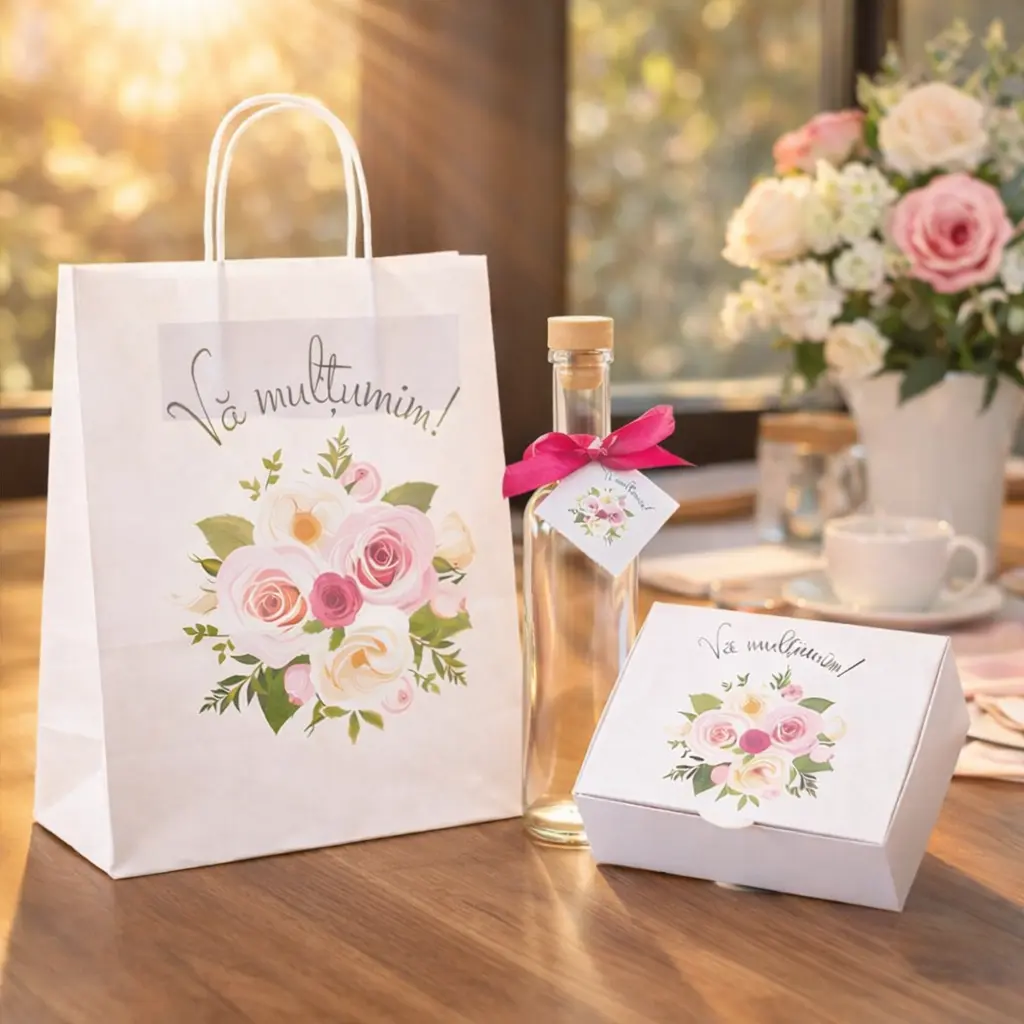 SET Marturie nunta FlowerBouquet 2 Punga Cutie prajituri 200g Sticla 200ml SET Marturie nunta FlowerBouquet 2 Punga Cutie prajituri 200g Sticla 200ml